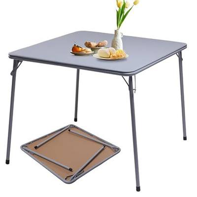 FurnitureR Square Folding Card Table 34 Inch, No Assembly Portable Table for Game Nights, Small Space Dining & Indoor Outdoor Use, PVC Top with Metal Frame, Grey