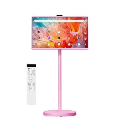VLH 32 Inch Portable Smart TV on Wheels, 1080P Touchscreen TV with Built-in 38,400mAh Battery, Android 15, 8GB RAM + 128GB Storage, 5MP Camera, Voice Remote for Bedroom, Kitchen, Office(Pink)