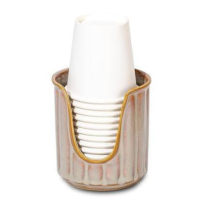 TANEW Ceramic Bathroom Cup Dispenser with Stylish Vertical Stripes - Dixies Cup Dispenser Mouthwash Cup Holder Holds 3oz Paper Cups for Rinsing Cups on Bathroom Vanity Countertops Reactive Glaze Brown