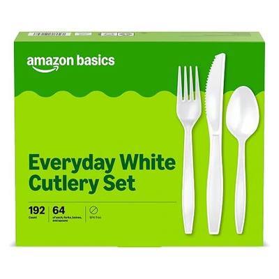 Amazon Basics Disposable Everyday White Assorted Cutlery Set, 192 Count, Combo Pack, Forks, Spoons, and Knives