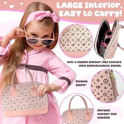 Play Purse for Little Girls, Toddler Girls Toys Ages 3 4 5 6 7 Years Old | Pretend Play Toys for Kids, Includes Handbag, Makeup, Phone, Smartwatch, Passport, Credit Cards, Birthday Gift for Girls 4-6