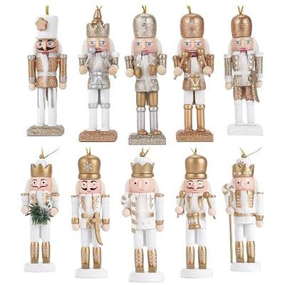 10PCS Christmas Nutcrackers Set,10cm Wooden Traditional Nutcracker Soldiers for Christmas Tree Hanging Decorations Gold and Silver Nutcracker Holiday Party Thanksgiving Decor