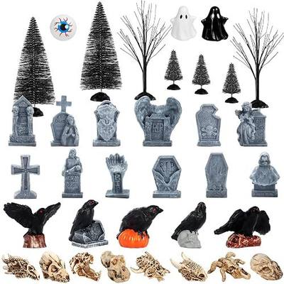 35 PCS Halloween Village Accessories Miniature Tombstone Crow Animal Skull Figurines Halloween Village Trees Spooky Town Set for Mini Graveyard Scene Decor