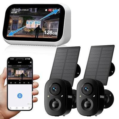 SANSCO 2K Solar Security Cameras Wireless Outdoor | Home Surveillance System w/ 4.4in Monitor, 128G TF Card, No Monthly Fee, Color Night Vision, 2-Way Audio, 2-Cam Kit