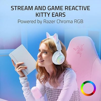 Razer Kraken Kitty V3 Pro Wireless RGB Gaming Headset, White | Chroma RGB Kitty Ears, 2.4 GHz, Bluetooth 5.3, USB A, Super Wideband Mic, 40mm Drivers, THX Spatial Audio, 70 Hr Battery