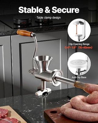 VEVOR Manual Meat Grinder, 304 Stainless Steel Hand Crank Meat Mincer with Steel Table Clamp, Sausage Stuffer with 2 Cutting Plates & 4 Sausage Tubes, Food Grinder for Beef Chili Pork Kitchen Tabletop
