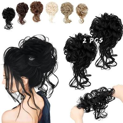 2PCS Messy Bun Hair Piece Tousled Updo with Tendrils Wavy Curly Hair Bun Scrunchies Ponytail Extension Elastic Band Hairpieces For Women (Dark Black)