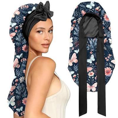 Long Satin Hair Braid Bonnet for Sleeping Double Layer Tie Band Wide Elastic Soft Silk Lined Nightcap Women Girls Cute
