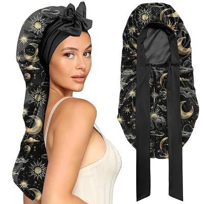 Long Satin Hair Braid Bonnet for Sleeping Double Layer Tie Band Wide Elastic Soft Silk Lined Nightcap Women Girls Cute