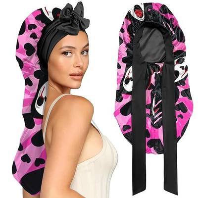 Long Satin Hair Braid Bonnet for Sleeping Double Layer Tie Band Wide Elastic Soft Silk Lined Nightcap Women Girls Cute