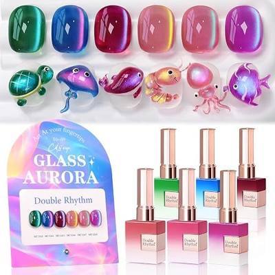 Double Rhythm Cat Eye Gel Nail Polish Set of 6 Same Color Same Bottle 0.5 Oz Shimmer Glitter with Magnet Holographic Reflective Magnetic UV Nail Polish Kit at Home (Glass Galaxy Green-T6-59)