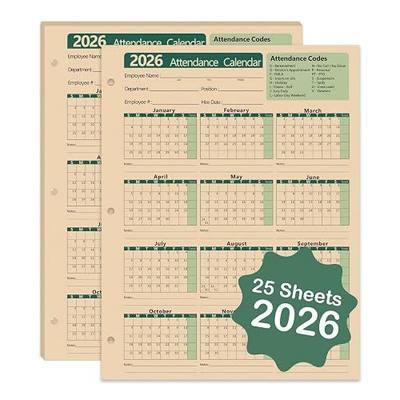 2026 Attendance Calendar - Employee Attendance Tracker Record Cards, 3-Hole Punched for Binder, Thick Cardstock, 8.5 x 11 in (Letter Size), Pack of 25 Sheets