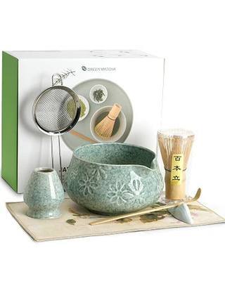 Matcha Whisk Set-7-Piece Ceramic Matcha Kit for Matcha Lovers,Includes 18 oz Matcha Bowl,Bamboo Matcha Whisk & Holder,Bamboo Scoop,Scoop Rest,Sifter,and Tea Towel(Blue)