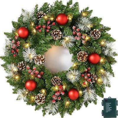 24 Inch Pre-Lit Artificial Christmas Wreath for Front Door, Christmas Door Decorations Wreath with LED Warm Lights, Balls, Pine Needles, and Red Berries Wall Windows Ornament