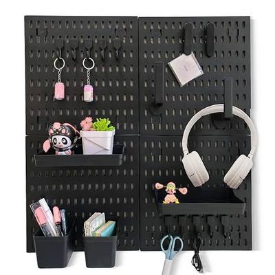 Black Pegboard Organizer Set with Hooks & Storage Boxes, Desk or Wall Peg Board Panels for Tools, Crafts, and Office Supplies – 4 Boards (30×30 cm Each)