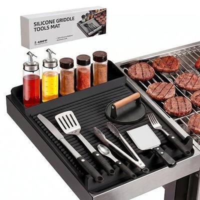 Silicone Grill Mat for Blackstone Griddles & Outdoor Grills - Heat Resistant (450°F) Countertop Protector, Non-Slip Tool Organizer & Grease Catcher, 16x11.5 Inch(Black)
