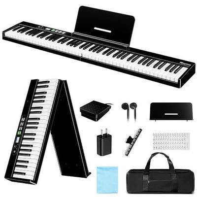 Rhymo 88 Key Portable Piano Keyboard, Semi-Weighted Folding Piano Full Size, Ultra Sound Upgrand Imitation Wood Texture Keyboard w/MIDI Bluetooth LCD Display Screen, Sustain Pedal for Beginners Adult