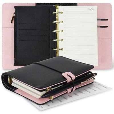 Koqye A7 Pocket Refillable Planner Small Binder Notebook 6 Ring 4.5"x5.7" | Portable PU Leather Organizer with Zippered Pocket, To-Do Blank Refill Papers, Dividers, Monthly Sticker, Pen, Black & Pink