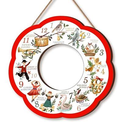 12 Day of Christmas Wreath Summer Christmas in July Decoration 12 Day of Xmas Ornament 12.6" Xmas Wreath for Front Door Religious Wooden Door Hanger Sign for Window Home Wall Decor(Holiday Joy)