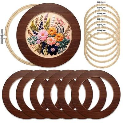RattanView 12 Pcs 8 Inch Wood Embroidery Hoop Frame with Embroidery Hoops Round Finished Cross Stitch Hoop Frame for DIY Art Craft Sewing Ornaments(Walnut)