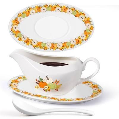 16OZ Thanksgiving Gravy Boat with Ladle and Saucer Ceramic Gravy Boat Thanksgiving Serveware for Salad Dressings, Creamer, Broth, Black Pepper Used at Weddings Parties Christmas or Daily Use