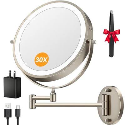 Auxmir 9″ 5000mAh 1X/30X Wall Mounted Lighted Magnifying Makeup Mirror | Power Adapter&2 Tweezers Included/ 3 Dimmable Colors/ Dual Sided Button Control/ Rechargeable/ 360° Rotation Extended Arm