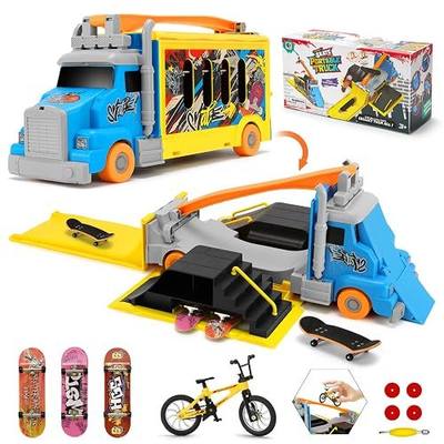 KETIEE Finger Skateboard Park Set, 2-in-1 Transforming & Foldable | Mini Skatepark Truck with Ramps, 3 Skateboards, Mini Bike + Storage Design, Skateboard Finger Toy Gift for Boys Girls Ages 6+