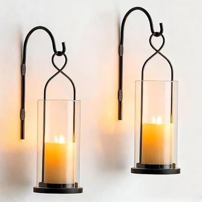 Black Candle Sconces Set of 2, with Hurricane Glass | Metal Wall Candle Holder, Wind-Proof Design, Table or Hanging Use, for Bedroom, Hallway, Bedide TV