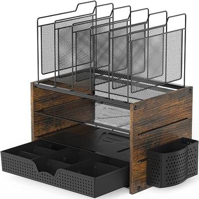 Simple Houseware Mesh Desk Organizer with Wooden Side Board, Rustic Brown | 2 Horizontal Shelves and 5 Upright Sections with Sliding Adjustable Drawer