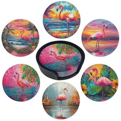 Flamingo Coasters Leather Round Drink Coasters 6 Pcs Set with Holderor for Cup Drink Coffee Table Bar Home Decor