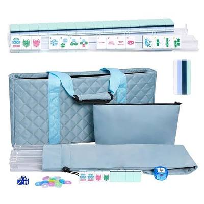 Jongyance American Mahjong Set(4 Layer) with Blue Carrying Bag, 160 Engraved Acrylic Tiles, 4 All-in-One Rack/Pushers, Mahjong Tiles Set (Ma Jong, Mah-Jongg, Majiang)