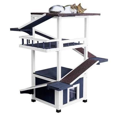 Outdoor Cat Tree, Weatherproof Cat Tower & House, 26.8"x26.8"x45.1" | 4 Tiers, Feral Cats Shelter, Waterproof Asphalt Roof, 2 Escape Doors, Wooden Condo for Multiple Cats, Multi-Level Play Zones