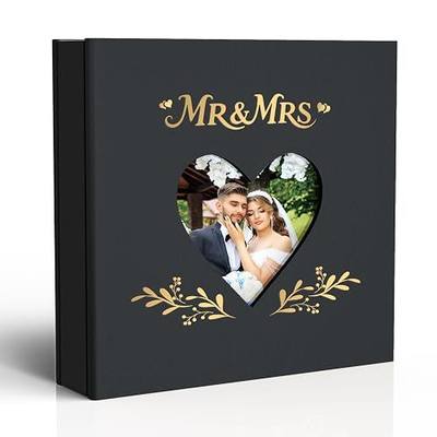 Wedding Photo Album 4x6 with 400 Pockets, Custom Engraved Linen Memory Book for Engagement, Bridal Shower & Keepsake Gift, Love Black | Black linen cover with gold embossing and heart cut-out, allows custom photo insert for a personalized keepsake.