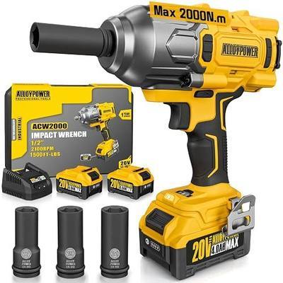 ALLOYPOWER Cordless Brushless Impact Wrench, 1500 ft-lbs (2000N.m), 1/2 High Torque power impact gun, 3-Mode Speed, 2*4000mAh Battery, 3 Sockets, Electric Impact Wrench Set for Car Tire Truck RV Mower