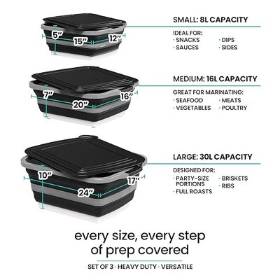 Collapsible BBQ Prep Tub with Lids and Drain Spouts, 3 Pack Portable Meat Marinating and Grilling Trays, Cutting Board Food Storage Containers for Outdoor Cooking, Camping, Tailgating and Kitchen Prep