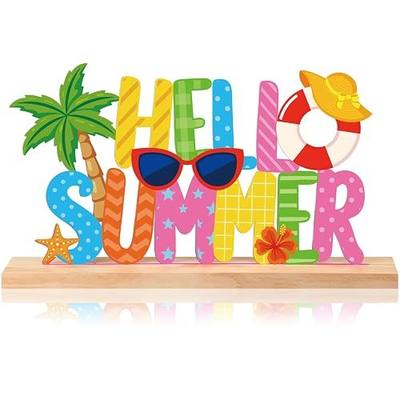 Roowest Hello Summer Metal Sign Rustic Summer Table Top Decor Centerpiece Holiday Tiered Tray Decoration Word Sign with Wood Base for Home Office Desk Shelf Mantel Fireplace Indoor Beach Party Gift
