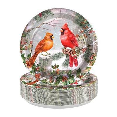 50Pcs Winter Cardinal Paper Plates 9 Inch Disposable Winter Cardinals Red Birds Dessert Plates Vintage Christmas Poinsettia Dinner Plate for Xmas Red Bird Family Holiday Birthday Party Supplies