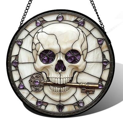 Stained Glass Window Hanging - Halloween Scary Skull Suncatcher for Doors Garden Home Spooky Purple Skeleton Key Sun Catchers Gothic Decor Horror Gifts for Women Men Friend Boy Girl 6.3 in