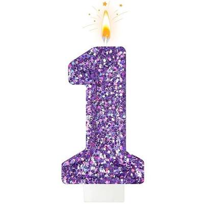 Birthday Number Candles, Glitter Number Candle Cake Decorations with Sequins, Cupcake Decorations for Girls, Women, Party Anniversary Celebrations (Number 1, Purple)