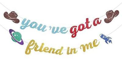 2 Strings Pre-Strung Glitter Cartoon You've Got A Friend in Me Banner | Cartoon Story Friend Birthday Banner Friendship Anniversary Party Decorations Toy Inspired Game Party Classroom Decorations
