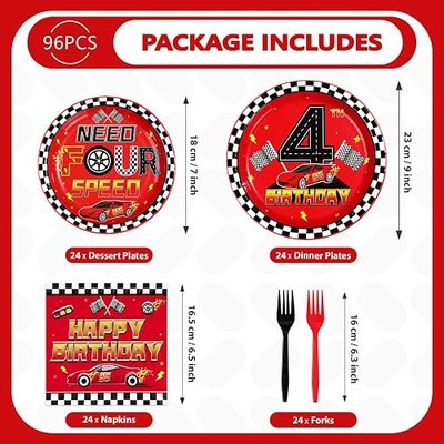 96Pcs Race Car Need Four Speed 4th Birthday Decorations Serves 24 | 4th Birthday Plates and Napkins Racing Themed Disposable Tableware Set for 4 years old Boys Transportation Party Supplies