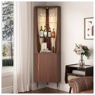JOINICE Tall Corner Bar Cabinet for Liquor,Mid-Century Modern,Walnut,70" | Fluted Door,Glass Shelves,Wine Cabinet with Led for Living Room, Kitchen,Dining Room,Easy Assembly,for Small Apartment