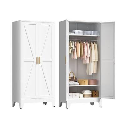 LCAOPC 71" Tall Metal Wardrobe Closet with Adjustable Shelves and Hanging Rod, 2 Doors Free Standing Armoire Wardrobe Cabinet for Bedroom, Office, Laundry Room, White