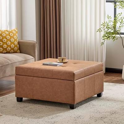 Christopher Knight Home Lorel Faux Leather Square Storage Ottoman Coffee Table, Wooden Ottoman with Storage, Entryway Modern Ottoman Foot Stool, Toy Box Storage for Living Room, Brown