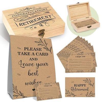 52 Pcs Happy Retirement Party Card Box, Happy Wishes Card Box, Wish and Advice Congratulations Guest Book Cards, Wooden Boxes with Double Sided Congratulations Cards, Retire Decor Gift for Men Women
