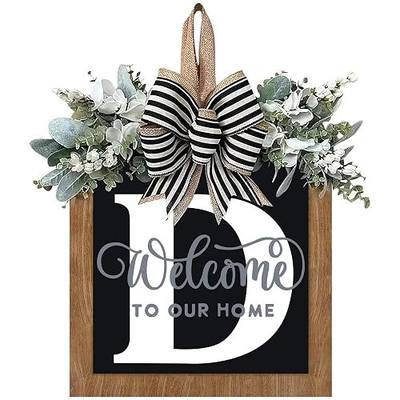 14’’ Last Name All Year Round Front Door Wreath, 26 Letter Welcome Sign Door Wreaths for Front Door, Farmhouse, Porch, Outdoor Decoration for Spring Summer Fall All Seasons Halloween Christmas (D)