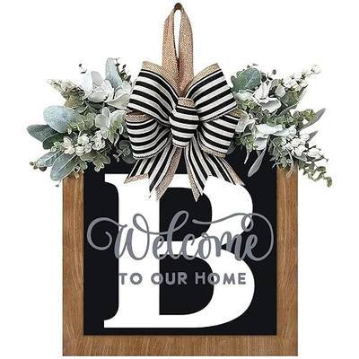 14’’ Last Name All Year Round Front Door Wreath, 26 Letter Welcome Sign Door Wreaths for Front Door, Farmhouse, Porch, Outdoor Decoration for Spring Summer Fall All Seasons Halloween Christmas(B)