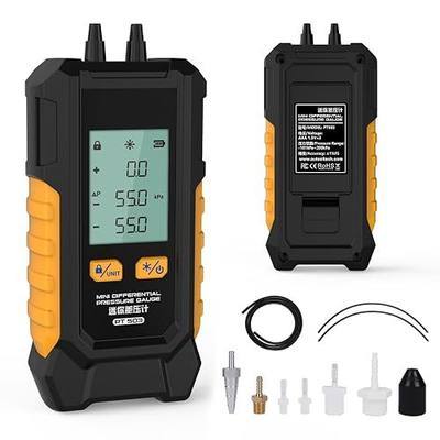 Manometer, Dual-Port Manometer HVAC Gas Pressure Tester with 7 Adapters, 6 Units Switch, Data Hold & Backlit Display Screen, -100 to 200 kPa, Portable Design, PT503