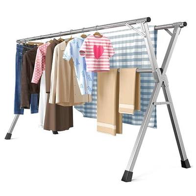 Folding Stainless Steel Laundry Drying Rack 95 Inches | Heavy-duty stainless steel, Foldable & Retractable, Holds up to 150 lbs, Includes 20 windproof hooks for indoor & outdoor use