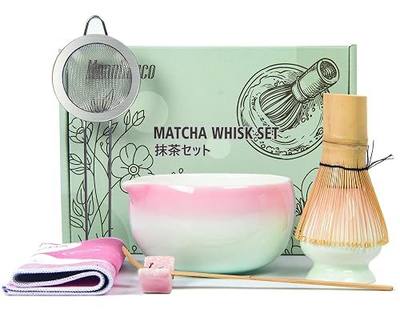 Matcha Whisk Bowl Set, 7PCS Japanese Matcha Kit with Spout Bowl (Pink Green), Bamboo Whisk with Stand, Scoop, Sifter, Matcha Accessories for Tea Ceremony, Matcha Latte, Gifts for Family & Friends